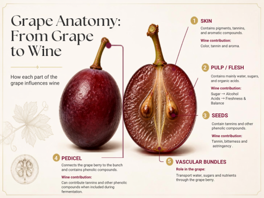 Cutaway grape showing the skin, pulp, seeds and pedicel and their roles in winemaking