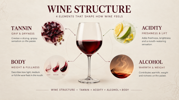 Wine structure explained through tannin, acidity, alcohol and body